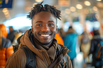 In bustling airport terminal, a man with a vibrant smile and a sense of adventure is seen from a wide-angle view, surrounded by warm glow of a sunny day, as he eagerly embarks on his journey, filled w