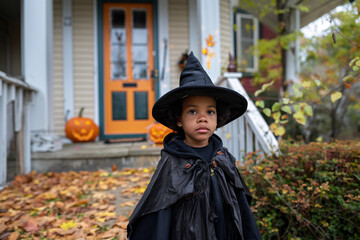 little handsome boy in halloween costume with black hat