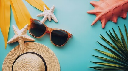 Poster - Top view travel or vacation concept Composition with stylish beach accessories on colored background top view Beach fashion flat lay summer concept Trendy colors : Generative AI