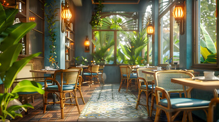 Luxurious Restaurant Interior with Tables, Chairs, Lights, and Plants