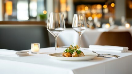 a beautifully set table in a fine dining restaurant, with elegant place settings, fresh flowers, and a plated gourmet meal ready to be served