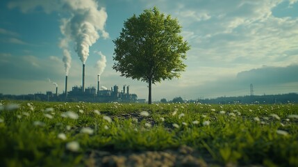 power plant with tree green industry eco power for sustainable energy saving environmental friendly low carbon footprint : Generative AI