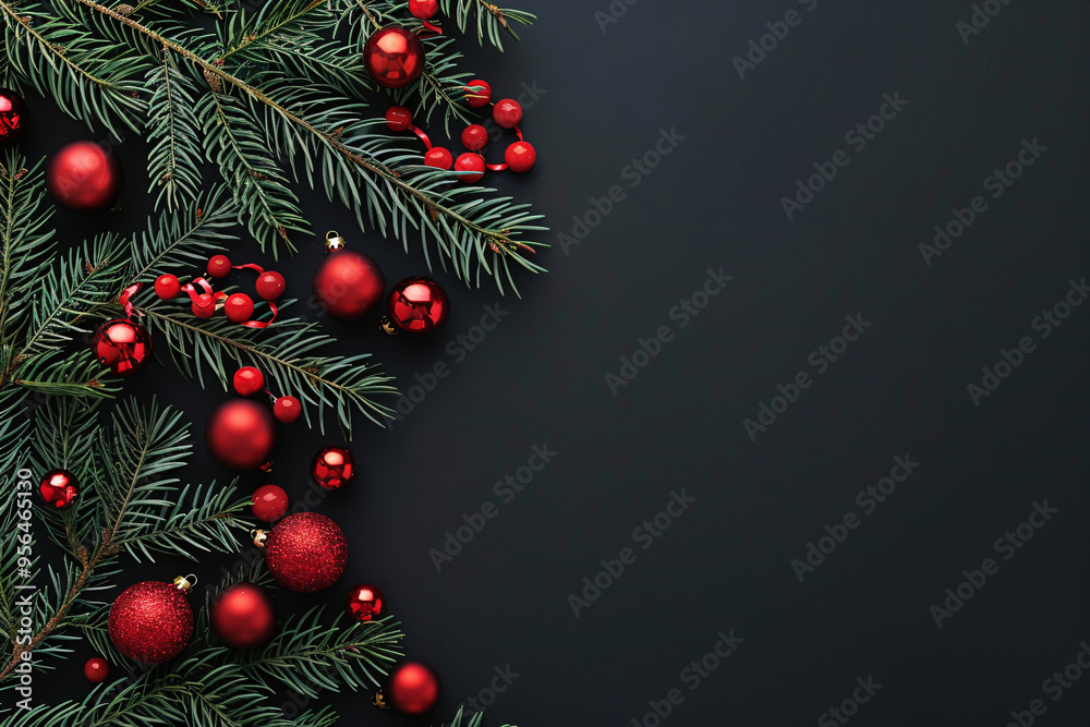 black chistmas background with branches of christmas tree and red balls ...