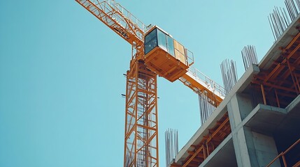 Aufkleber - A crane and a building under construction against a blue sky background Builders work on large construction sites Building a house is not necessary for new highrise buildings : Generative AI
