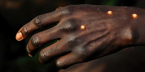 Close up of African human hand showing symptoms of monkeypox disease. Blisters on the skin, a rash