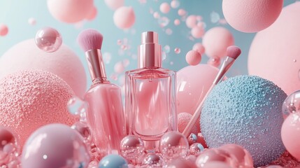 C4D style 3D beauty products use soft colors and luster texture, combined with abstract geometric figures, makeup brushes and perfume bottles, and the soft lighting effect of artistic concepts.