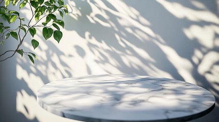 Sticker - Round marble table top with tree leaves shadow drop on white wall background for mockup product display : Generative AI