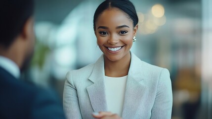 Aufkleber - Successful businesswoman shaking hands with colleague after presentation in modern office : Generative AI