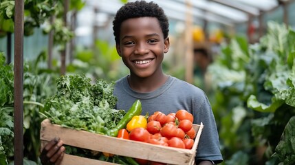 Happy African teenage boy holding a crate of organic vegetables in greenhouse garden School student enjoy outdoor lifestyle learning and working with nature healthy food for sustainabl : Generative AI