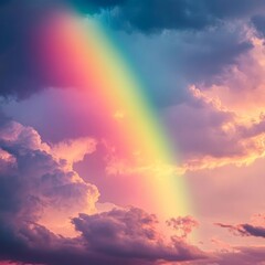 Canvas Print - A vibrant rainbow arches across a sky filled with dramatic clouds at sunset.