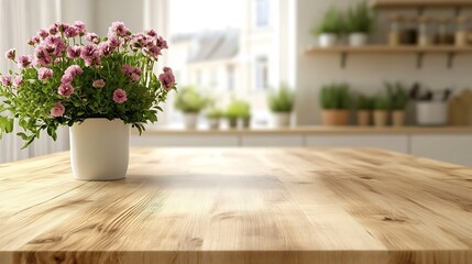 Poster - kitchen table background wood counter top on blur of white clean abstract home interior with bokeh  used for display or montage your wooden for dining background tabl banner podium : Generative AI