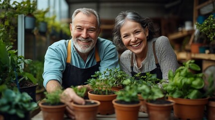 Waist up portrait of two smiling senior people enjoying gardening hobby together and repotting plants indoors copy space : Generative AI