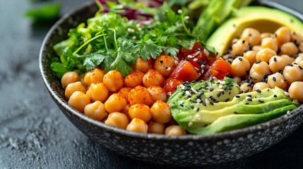 Wall Mural - Vegan Buddha Bowl with Chickpeas Avocado and Fresh Vegetables Healthy Eating Tasty Vegetarian Meal : Generative AI