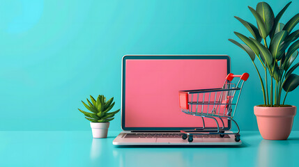 Wall Mural - Illustration of shopping cart and laptop, soft blue background, online stores concept