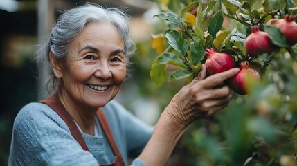 Senior woman gardening and picking in home backyard with portrait smile and plant Hobby retirement and growing outdoor with happy elderly botanist with fruit from sustainable pomegrana : Generative AI