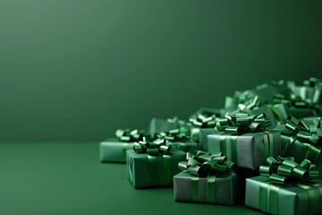 Wall Mural - heap of green christmas gifts over green background