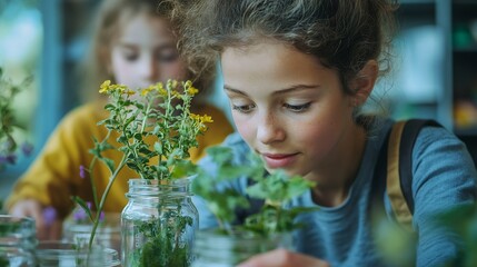 Aufkleber - Female Teacher with kids in biology class at elementary school conducting biology or botanical scientific experiment about sustainable Growing plants Learning about plants in a glass j : Generative AI
