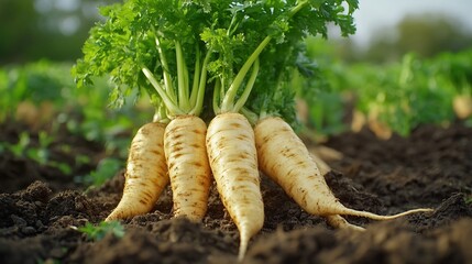 Aufkleber - Fresh parsnip roots  Parsnip harvest on an organic farm : Generative AI