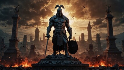 Wall Mural - A statue of Ares standing in the center of a battlefield, holding a bloodstained sword, with scenes of warfare erupting around as the backdrop.