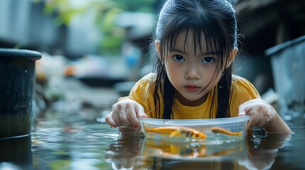 Junior Biologist or little girl natural science check drain water from factory Water environment pollution problem concept  water science collect dead fish from factory wast water : Generative AI