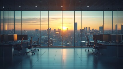 Aufkleber - a modern openplan office space filled with natural light from large windows that offer a view of the cityscape The office features a clean minimalistic design with  chairs and computer : Generative AI