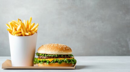 a fast food combo meal with a burger, fries, and a drink, perfectly arranged on a tray, highlighting the convenience and satisfaction of a quick meal