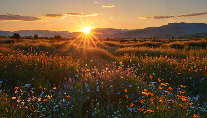 Poster - Coucher de soleil sur un champ de fleurs sauvages