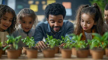 Poster - Diverse group of children planting seeds while experimenting at biology class in school with AfricanAmerican teacher supervising : Generative AI