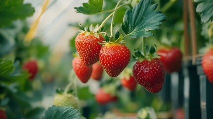 Wall Mural - Harvesting of fresh ripe big organic red strawberry fruit in own garden Banner with strawberry plants in a planthouse : Generative AI