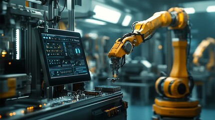 Poster - Computer and digital tablet for control of robots in a smart factory Smart industry 40 concept : Generative AI
