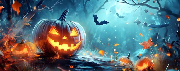 Wall Mural - Spooky Halloween Jack-o'-Lantern in the Forest.