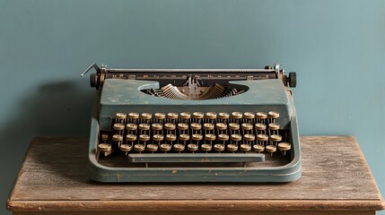 Wall Mural - A vintage blue typewriter on a wooden table against a teal wall.