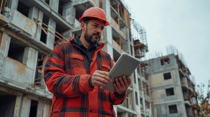 Poster - Tablet man and portrait of civil engineer in city for building renovation repairs or maintenance Planning reading and male construction worker with digital technology for industry proj : Generative AI