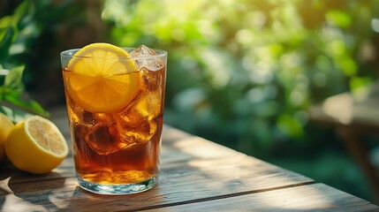 Poster - plastic glass with ice tea and lemon on wooden table with green garden on the background : Generative AI