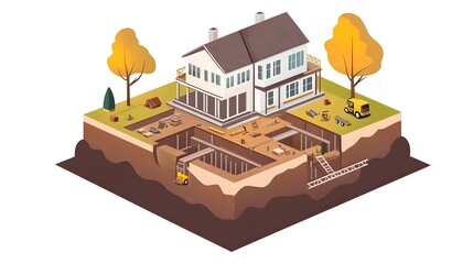 Poster - Detailed infographic showcasing the step by step process of laying the foundation for the construction of a new residential home or building