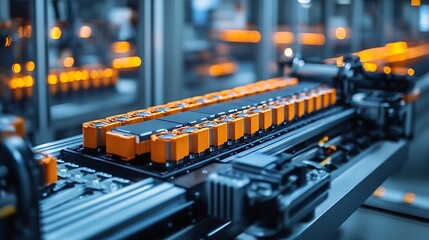 Poster - Liion Cells for Highvoltage Electric Vehicle Batteries Manufacturing Process High Capacity Batteries on Conveyor Belt Battery Cells for Automotive Industry on Production Line : Generative AI