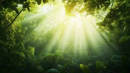 Poster - a lush forest with sunlight filtering through the trees, a peaceful and serene environment