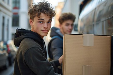 Wall Mural - Two young men moving a cardboard box from a truck