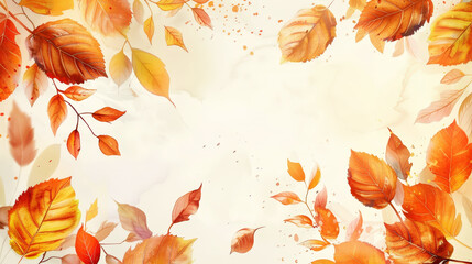 Wall Mural -  Aesthetic watercolor frame with autumn vibrant leaves, copy space, light background, foliage template. Generative AI