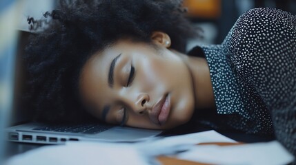 Black woman employee and sleeping with laptop in office with paperwork or documents for research ideas Female person tired and burnout with stress from deadline project and paper as co : Generative AI