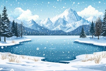 Wall Mural - Snowy Winter Landscape with Mountain Range and Frozen Lake