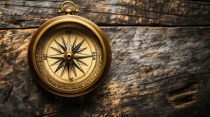 vintage compass on weathered wood background.