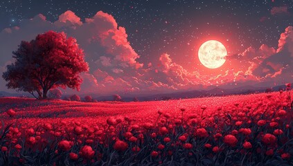 Wall Mural - A field of red flowers under the moonlight, with stars twinkling in the sky