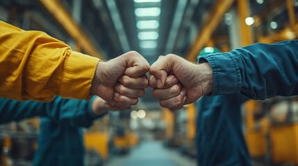 Sticker - Group of industrial factory workers bumping fists togethershowing gesture for teamwork or unity : Generative AI