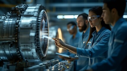 Poster - International Aerospace Research and Manufacturing Company Working on Turbine Jet Engine Engineer Having a Meeting with a Group of Multiethnic Scientists in a Room with Big Digital Scr : Generative AI