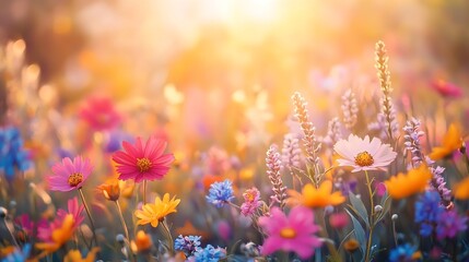 Leinwandbilder - meadow flowers in early sunny fresh morning Vintage autumn landscape background colorful beautiful fall flowers magical : Generative AI