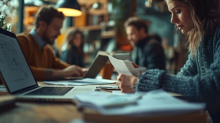 Aufkleber - A group of people are working together at a table with papers and laptops Scene is collaborative and focused : Generative AI