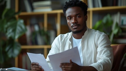 Poster - Curious serious African man sitting at the table tall and proud holding up papers legal documents or contracts feeling accomplished and successful in his career as a lawyer or business : Generative AI