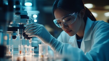 Wall Mural - Modern medical research laboratory female scientist working with micro pipettes analyzing biochemical samples advanced science chemical laboratory : Generative AI