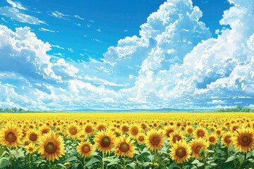 Poster - Sunflowers Blooming Under a Blue Sky with Puffy Clouds